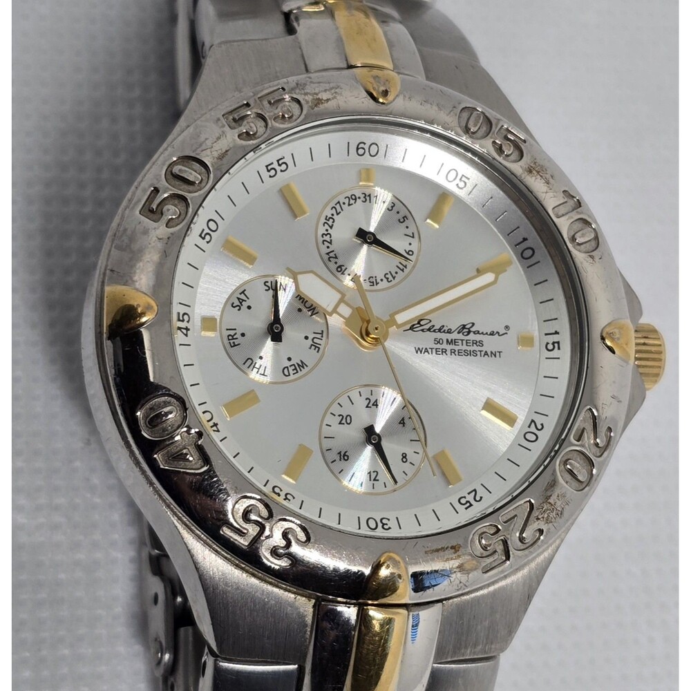Men's Eddie Bauer Textured 3 Eye Silver Gold Two Tone Case Bracelet Watch 11 - Picture 6 of 8